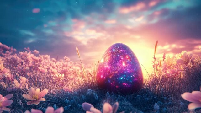 Futuristic Easter card with glowing neon eggs on a dark background. Digital illustration for modern holiday design. Easter banner with copy space.