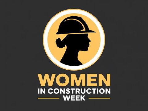 Women in construction week logo with silhouette of woman wearing hard hat