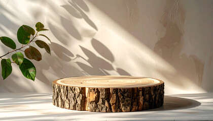 Natural Display Platform: A rustic wooden display platform is artfully presented beneath the play of shadows and the soft embrace of sunlight.