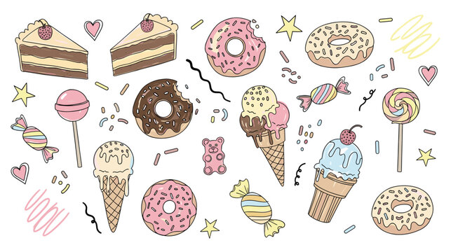 Colorful dessert collection with frosted donuts ice cream cones cake and sweet lollipops drawing