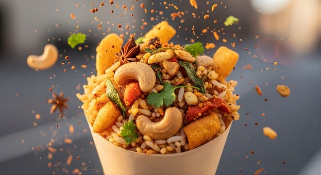 Delicious bhel puri snack with fresh herbs and nuts.