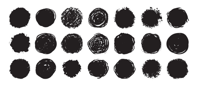 Round grunge scratch and textured ink brush strokes set. isolated vector black Collection. Dirty expressive hand drawn inky stains and blobs