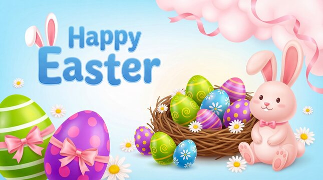 A colorful Easter scene featuring a pink bunny sitting next to a nest of decorated eggs with the words Happy Easter written in blue letters