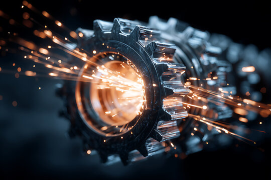 Gleaming Steel Cogwheel Ignites in a Dramatic Shower of Fiery Orange Sparks