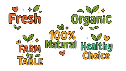 A colorful illustration of organic and natural food labels on a white background