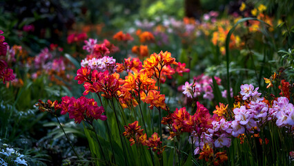 Lush Garden of Vibrant Orange, Pink, and Red Flowers with Soft Bokeh