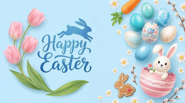A colorful Easter-themed illustration featuring a happy Easter message with pink tulips and a blue bunny silhouette alongside eggs and bunnies on a light blue background with flowers