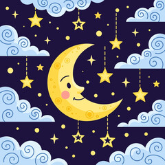 Naklejka premium Cute smiling moon and stars with clouds on dark night sky background