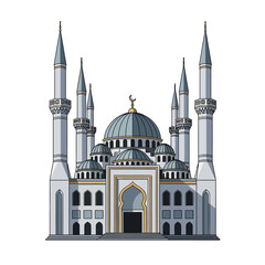 Grand Mosque with Minarets and Domes, Islamic Architecture Vector Illustration