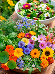 Mixture of varieties of flowers and aromatic plants for cooking
