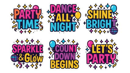 A colorful party invitation with fun phrases and balloons on a white background