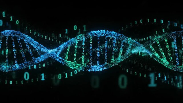 Futuristic 3D visualization of a DNA double helix formed by glowing blue binary code and digital particles. Abstract concept of genetics, biotechnology, medical research