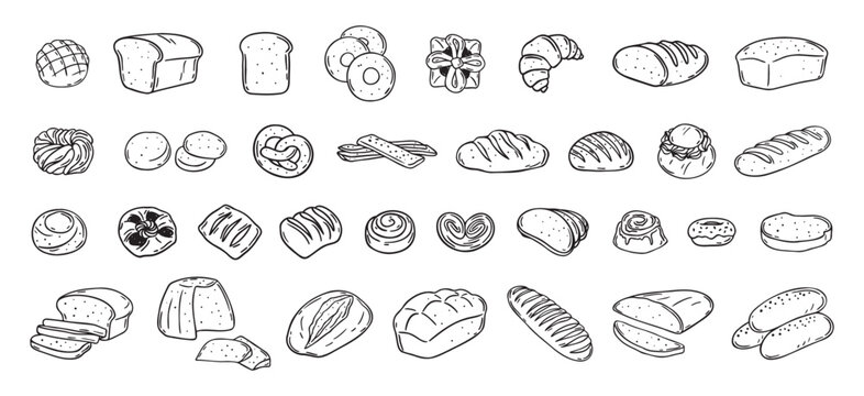 Bread different types hand drawn doodle outline icon set. Bread engraving, line art. Wheat products, baked goods, bakery