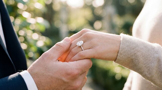 Couple Holding Hands with Engagement Ring in Soft Light