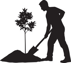 Man planting sapling using shovel vector silhouette illustration line art garden activity