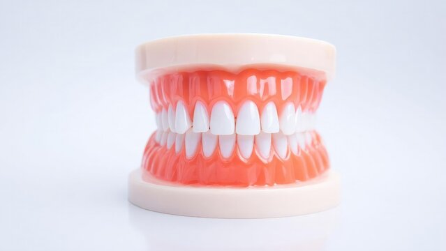 Dental model showing upper and lower teeth with pink gums mounted on a white base. Concept Dental anatomy model, Upper and lower teeth, Pink gums, White base, Dental education tool