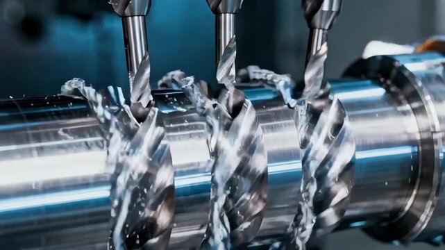 Closeup medium shot capturing triplestart thread milling with three synchronized cutting tools carving symmetrical helical paths on a highprecision cylindrical component.