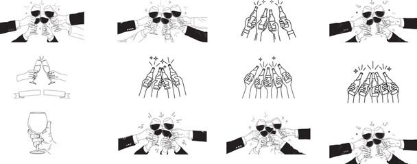 Hands Clinking Glasses and Bottles Line Art Collection Keywords: clinking, glasses, bottles