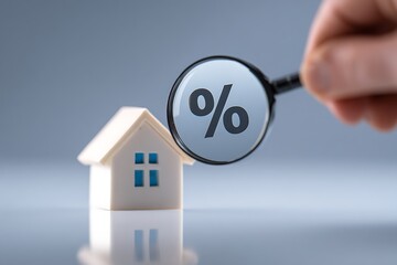 Hand holding magnifying glass over house percent sign