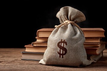 Money bag with dollar sign on stack of books