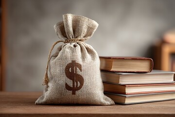 Money bag with dollar sign and stack of books