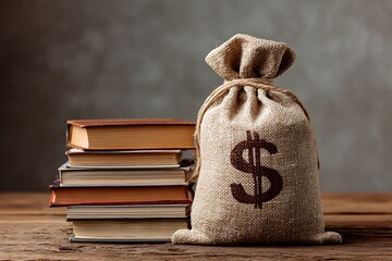 Money bag and books representing education cost and investment