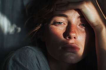 Young woman covering face from sun, feeling melancholy