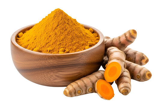 Turmeric powder and roots isolated on transparent background