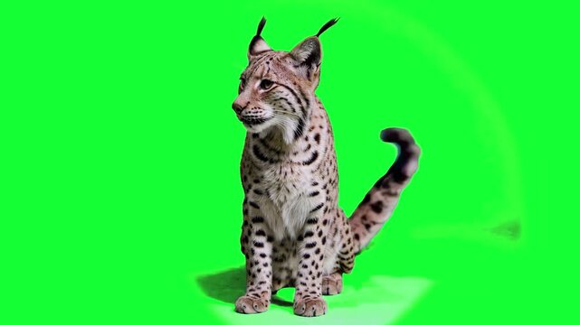 A majestic wild lynx with characteristic ear tufts sits in a centered position on a green screen. This high-fidelity 3D creature animation is perfect for nature documentaries or cinematic VFX.