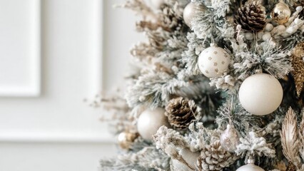 Obraz premium Snow-dusted Christmas tree with white and gold ornaments, pine cones and frosted branches. Concept Snow-dusted Christmas Tree, White and Gold Ornaments, Pine Cones, Frosted Branches