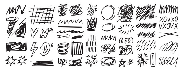 Scribble doodle hand drawn messy ink strokes set. Freehand lines and shapes. Hand drawn pencil curves and black marker swirl, pen sketch