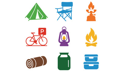 A colorful illustration of various camping and outdoor icons on a white background