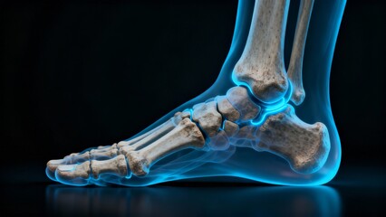 Naklejka premium Radiant Anatomical Visualization of the Human Ankle Joint Illustrating Bone Structure and Potential Areas of Concern in Orthopedic Health and Digital Medical Diagnostics.