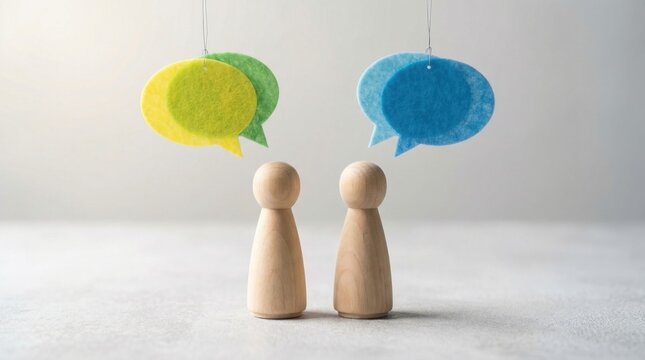 Two wooden figures with colorful speech bubbles representing communication and dialogue