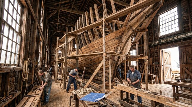 Shipbuilders working on wooden hull in a workshop environment  