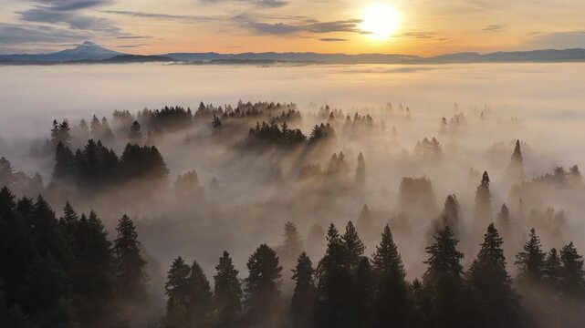 A blanket of sunlit fog drifts through the Willamette Valley just south of Portland, Oregon. The Pacific Northwest is known for its scenic forests, waterfalls, and rivers, as well as its wet weather.