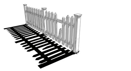 Obraz premium Damaged White Picket Fence - Symbol of Neglect, Repair Needed, Crisis Concept, Isolated on Transparent Background for Easy Editing, Lawn Shadow Graphic