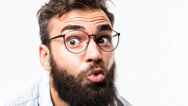 Bearded man wearing round glasses puckering his lips in a playful kissy-face pose. Concept Bearded Man Portrait, Round Glasses Style, Playful Kiss Pose, Quirky Portrait, Character Close-Up