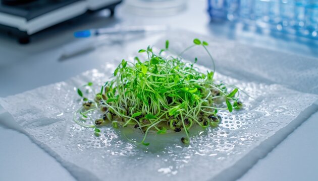 Vibrant green sprouted seeds showcasing new growth on a sterile laboratory surface