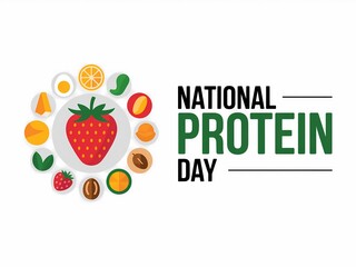 National protein day logo with fruit and food icons on white background
