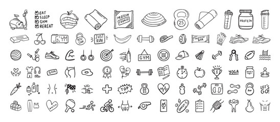 Fitness, sport and health icons doodle hand drawn set. Healthy lifestyle isolated symbols © Yanka
