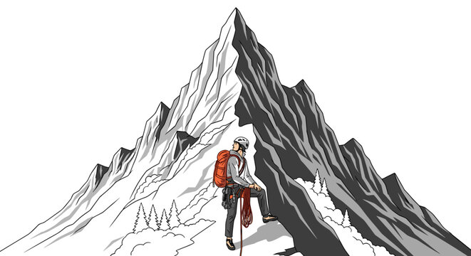Mountain Climber Vector: Achieving Goals, Exploring Nature & Conquering Challenges, isolated on transparent background. Success Illustration for Adventure Seekers.