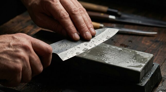 Man sharpening knife on whetstone in workshop with tools nearby  