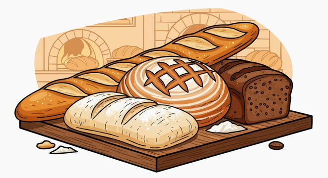 Assorted bread loaves displayed on a wooden cutting board with various textures and crumbs scattered around.