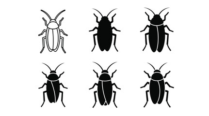 Six beetle illustrations in varying black and white styles silhouette