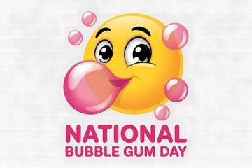National Bubble Gum Day Celebration with Surprised Emoji Blowing Pink Bubble on Pastel Background