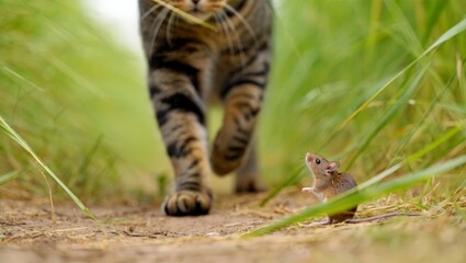 Fototapeta premium Ground-Level View of a Tabby Cat Approaching a Small Mouse on a Natural Dirt Path Surrounded by Tall Grass Highlighting the Authentic Connection Balance and Sustainable Harmony of Wildlife and Nature.