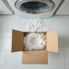 Overhead view of spilled detergent powder forming a trail from an open cardboard box to the base of a washing machine