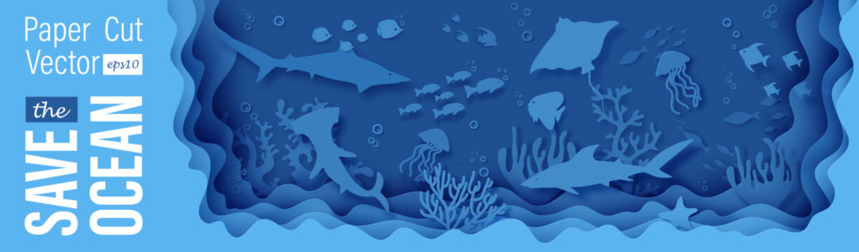 Save the ocean fantasy papercut background features layered underwater scene. Blue cutout design with stingray hammerhead fish shark jellyfish crab coral wave pattern. Ocean bottom reef under life bg