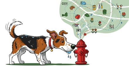Naklejka premium Funny Dog Sniffing Fire Hydrant and Imagining City Odors Vector Illustration isolated on transparent background. Canine Adventure, Pet Humor, Route Map, Nose, Tail Wagging, Smell.